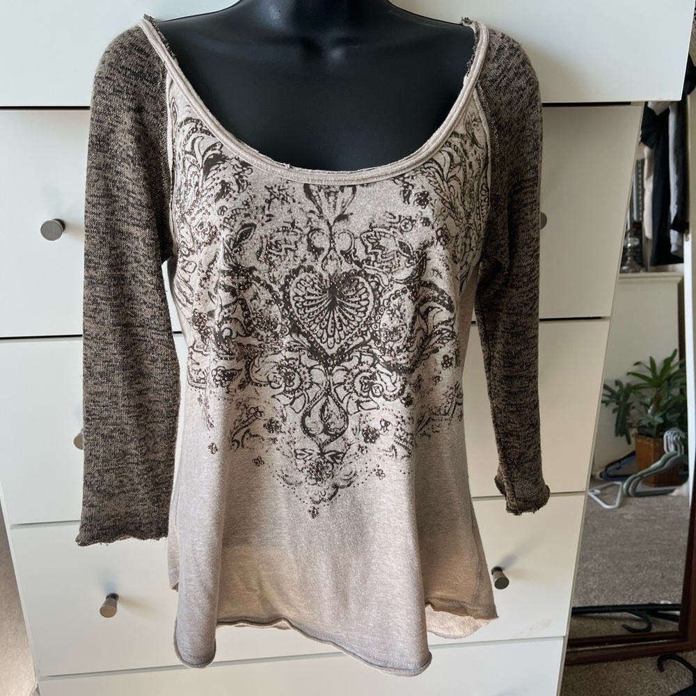 Miss Me Beige and Brown Top with decorative bling on front.